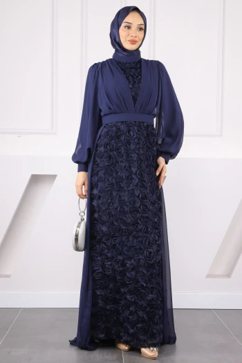 Lacivert Şifon Gül Garnili Abiye