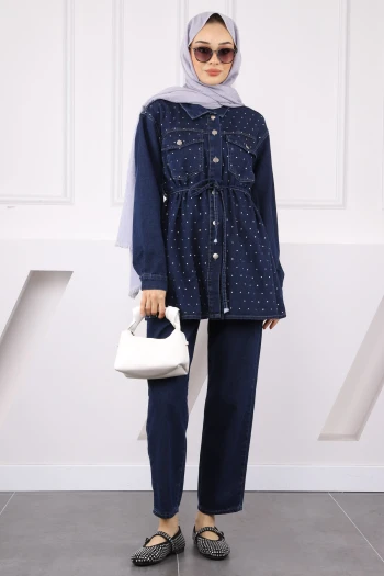 Lacivert Taşlı Ceket Pantolonlu Takım