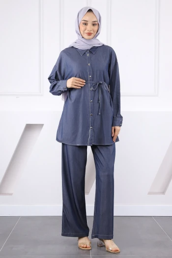 Lacivert Tensel Kot Tunik Pantolonlu Takım