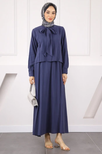 Lacivert Yaka Detaylı Gömlek Etekli Takım