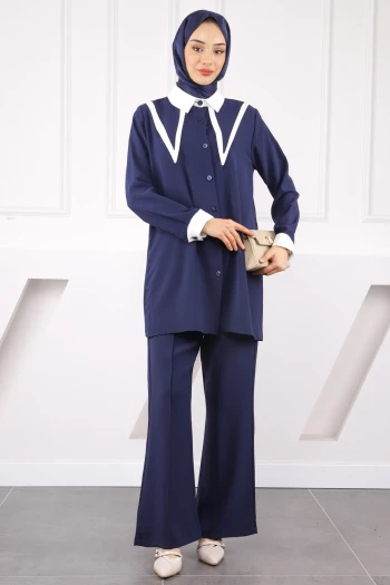 Lacivert Yaka Detaylı Tunik Pantolonlu Takım