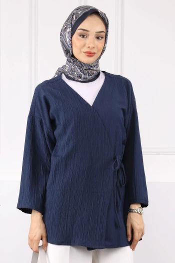 Lacivert Yan Bağlamalı Kimono