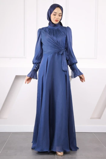 Lacivert Yan Bağlamalı Kol Detaylı Abiye