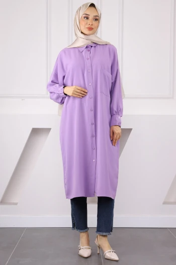 Lila Düğmeli Cepli Tunik