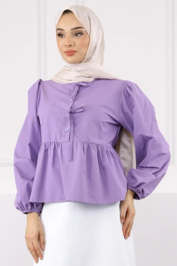 Lila Kol Lastikli Poplin Gömlek