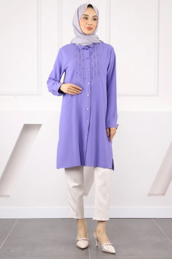 Lila Önü Taş Detaylı Linda Tunik