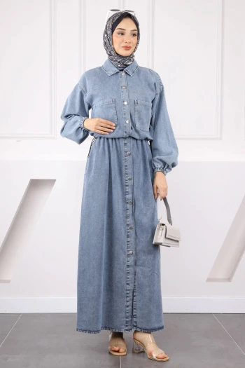 Mavi Ceket Kombinli Kot Elbise