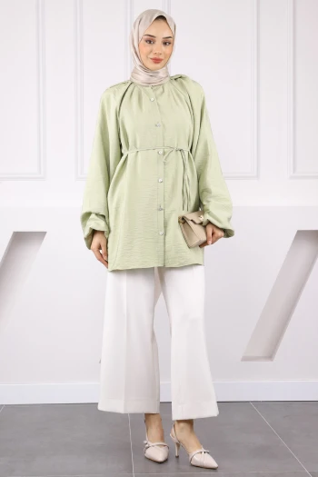 Mint Balon Kol Kuşaklı Gömlek