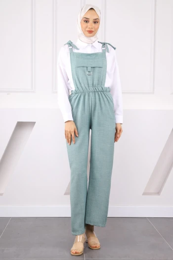 Mint Cep Detaylı Keten Tulum