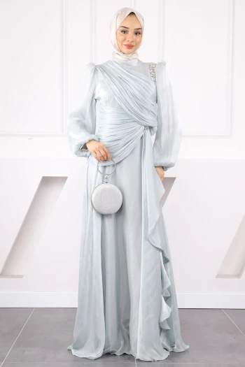 Mint Taşlı Drapeli Şifon Abiye