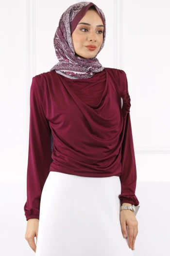 Mürdüm Çiçek Aksesuarlı Sandy Bluz