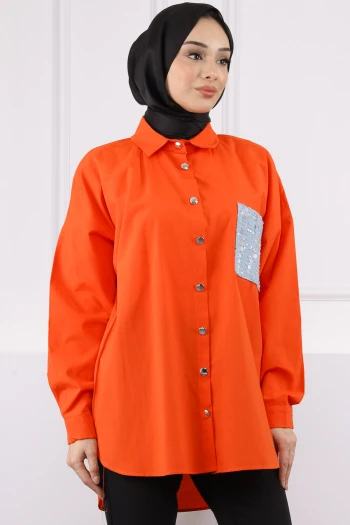 Nar Çiçeği Cebi Pul İşlemeli Oversize Gömlek