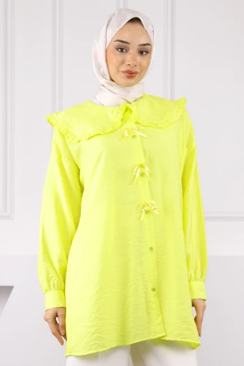 Neon Yeşili Bebe Yaka Fiyonk Detaylı Tunik