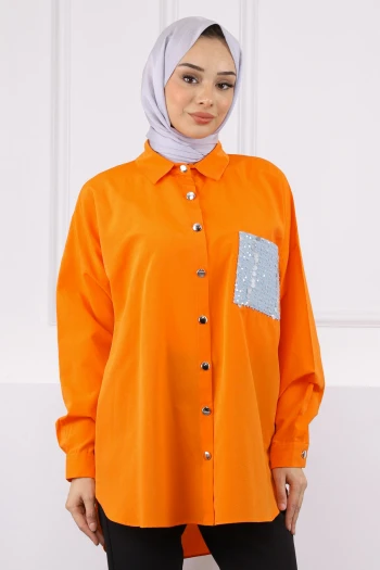 Oranj Cebi Pul İşlemeli Oversize Gömlek