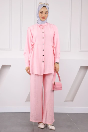 Pembe Bel Bağlamalı Tunik Pantolonlu Takım
