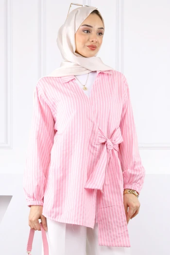 Pembe Çizgili Yan Bağlamalı Kimono
