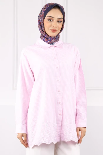 Pembe Etek Ucu Nakış İşlemeli Çizgili Gömlek