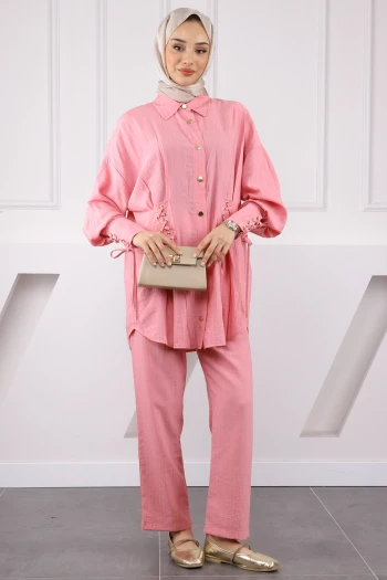 Pembe Kolu Ve Beli Bağcıklı Modal Tunik Pantolonlu Takım