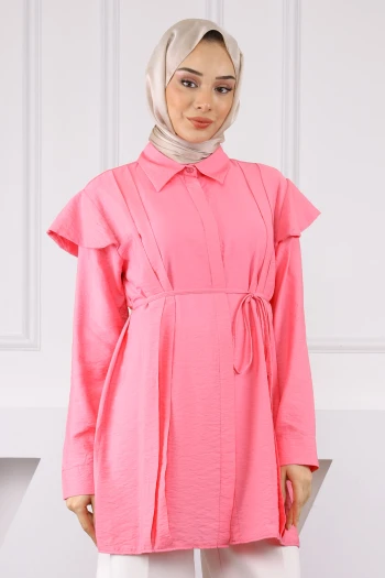 Pembe Omuz Detaylı Bel Bağlamalı Tunik