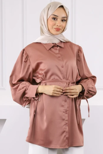 Pudra Bel Bağlamalı Saten Tunik
