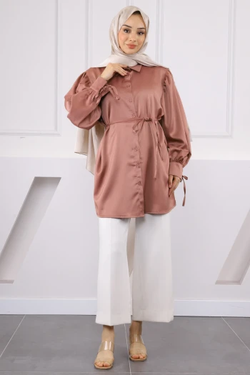 Pudra Bel Bağlamalı Saten Tunik