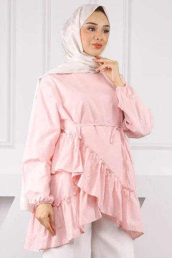 Pudra Eteği Katlı Fırfırlı Tunik