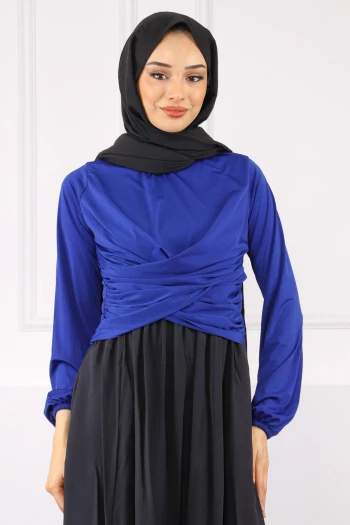 Saks Mavi Çapraz Drape Detaylı Sandy Bluz