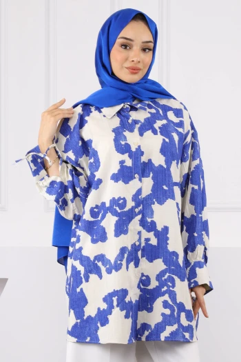 Saks Mavi Desenli Kol Bağlamalı Gömlek