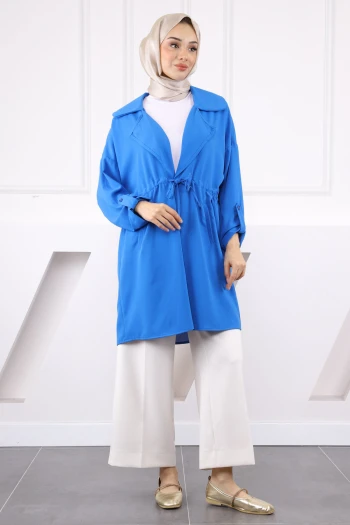 Saks Mavi Kruvaze Yaka Büzgülü Ceket