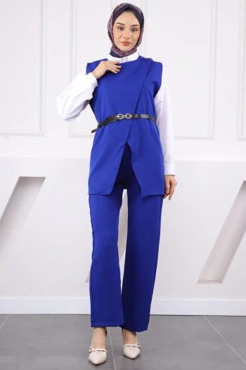 Saks Mavi Omuz Düğmeli Yelek PantolonluTakım