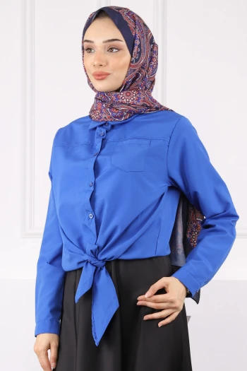 Saks Mavi Tek Cepli Ön Bağlamalı Gömlek