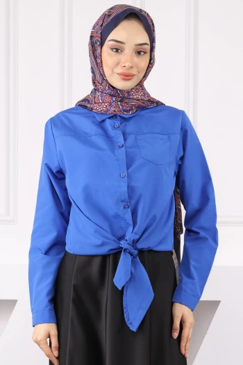 Saks Mavi Tek Cepli Ön Bağlamalı Gömlek