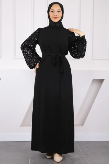 Siyah Balon Kol Boncuklu Abiye