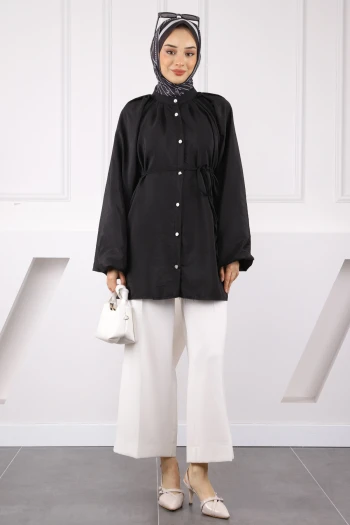 Siyah Balon Kol Kuşaklı Gömlek