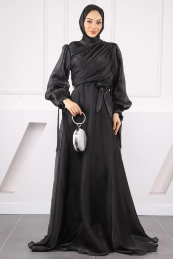 Siyah Balon Kol Önü Drapeli Şifon Abiye