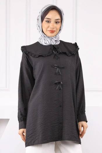 Siyah Bebe Yaka Fiyonk Detaylı Tunik