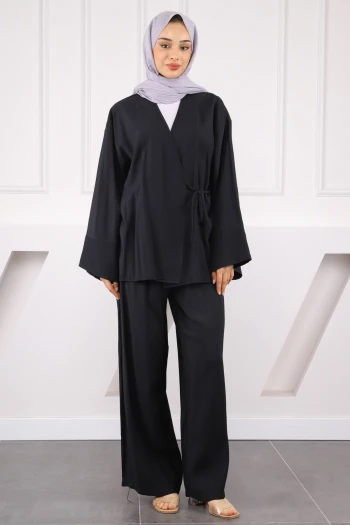 Siyah Bel Bağlamalı Modal Kimono Pantolonlu Takım