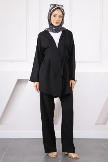 Siyah Çapraz Bağlamalı Keten Kimono Pantolon Takım