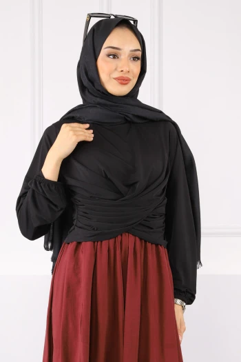 Siyah Çapraz Drape Detaylı Sandy Bluz