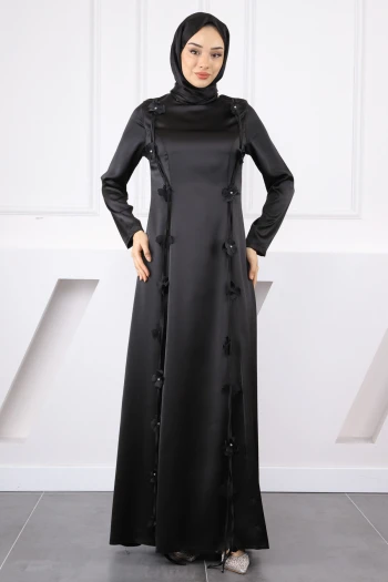 Siyah Çiçek Detaylı Saten Abiye