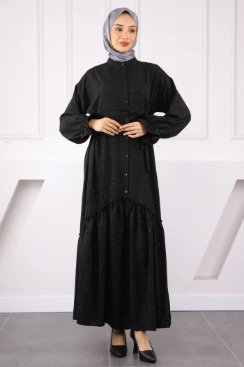 Siyah Eteği Büzgülü Beli Kuşaklı Linda Elbise