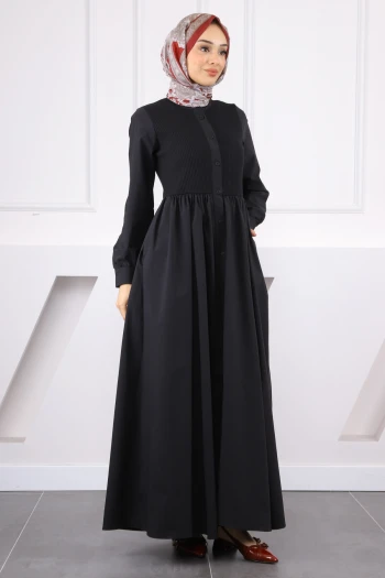 Siyah Gofralı Ön Düğmeli Elbise