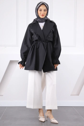 Siyah Kruvaze Yaka Önü Taşlı Ceket