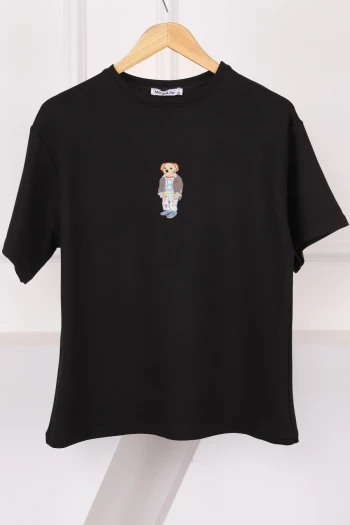 Siyah Nakışlı Modal Kısa Kol  T-Shirt