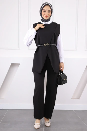 Siyah Omuz Düğmeli Yelek PantolonluTakım