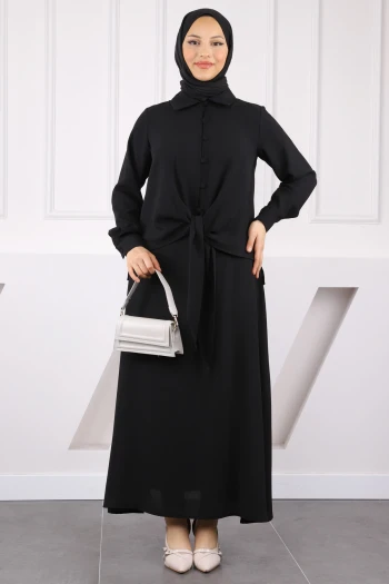 Siyah Ön Bağlamalı Gömlek Etekli Takım