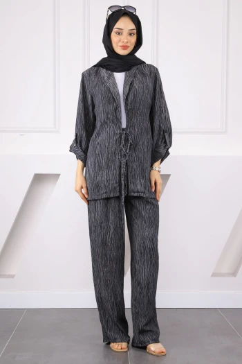 Siyah Ön Bağlamalı Kimono Pantolonlu Takım