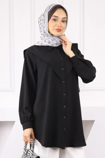 Siyah Ön Detaylı Linda Tunik