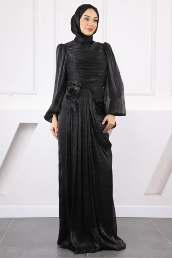 Siyah Önü Drapeli Gül Detaylı Abiye