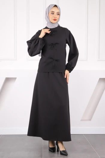 Siyah Önü Fiyonklu Krep Bluz Etekli Takım
